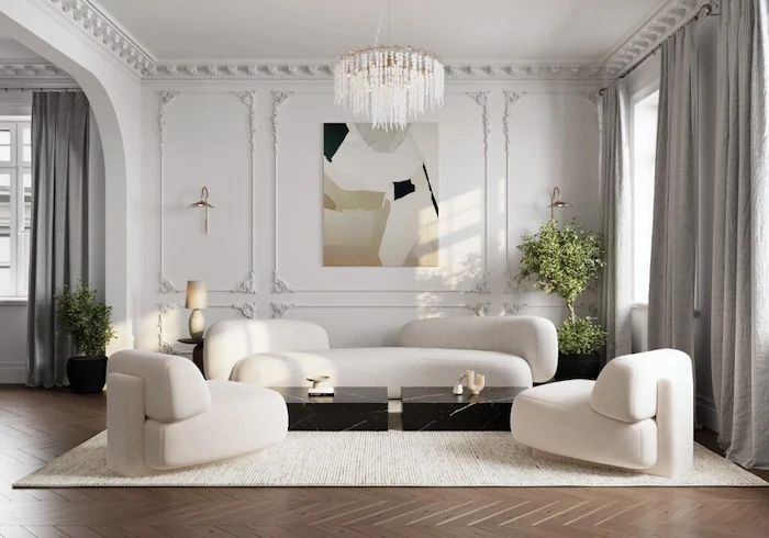 مبل سفید رنگ و دیوارهای طراحی شده در دکوراسیون داخلی نئوکلاسیک 53165484520